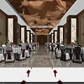 Banquet Hall With Elegant Ceiling Decor Wooden Walls White Tablecloths Red Accents And Ocean View