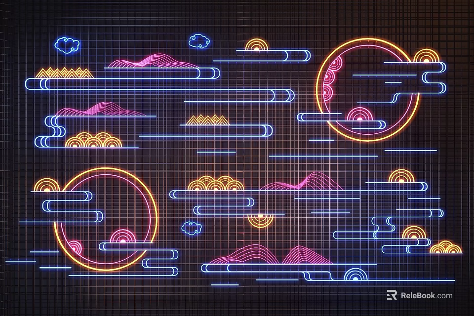 Instagrammable Photo Spot With Neon Grid Background Clouds Mountains And Circular Patterns 3d model 