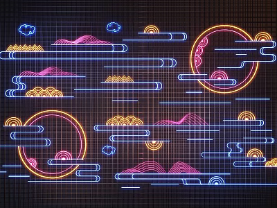 Instagrammable Photo Spot With Neon Grid Background Clouds Mountains And Circular Patterns 3d model