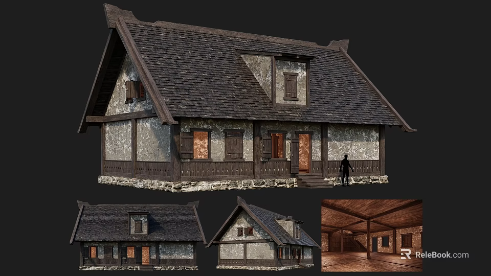 Ancient Building With Sloped Tile Roof Stone Wooden Structure Doors Windows And Interior View 3d model 