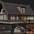 Ancient Building With Sloped Tile Roof Stone Wooden Structure Doors Windows And Interior View