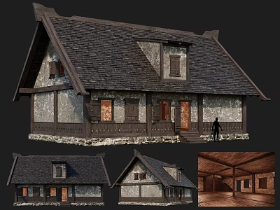 Ancient Building With Sloped Tile Roof Stone Wooden Structure Doors Windows And Interior View 3d model