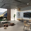 Modern Living Dining Room Interior With Concrete Ceiling Wooden Wall And Mountain View 3d model