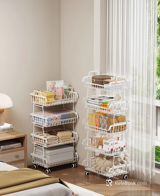 Organized Bedroom With White Metal Shelves Holding Baby Items Toys And Books 3d model 