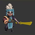 3D Chibi Cartoon Character With Blue Hair White Headdress Blue Purple Outfit And Yellow Weapon