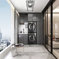 Modern Living Dining Room With Grey Cabinets Stacked Washing Machine Dryer And Small Sink