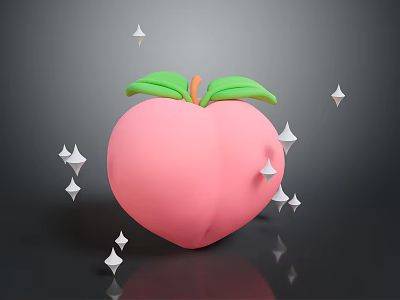 Cartoon Style Pink Peach With Green Leaves And White Stars On Black Background With Reflections 3d model