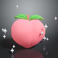 Cartoon Style Pink Peach With Green Leaves And White Stars On Black Background With Reflections