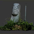 Ancient Stone Statue With Standing Sword And Lush Green Grass In Natural Setting