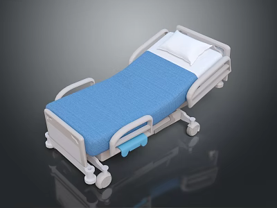 Medical Hospital Bed with Blue Mattress White Frame and Movable Wheels for Healthcare 3d model