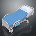 Medical Hospital Bed with Blue Mattress White Frame and Movable Wheels for Healthcare