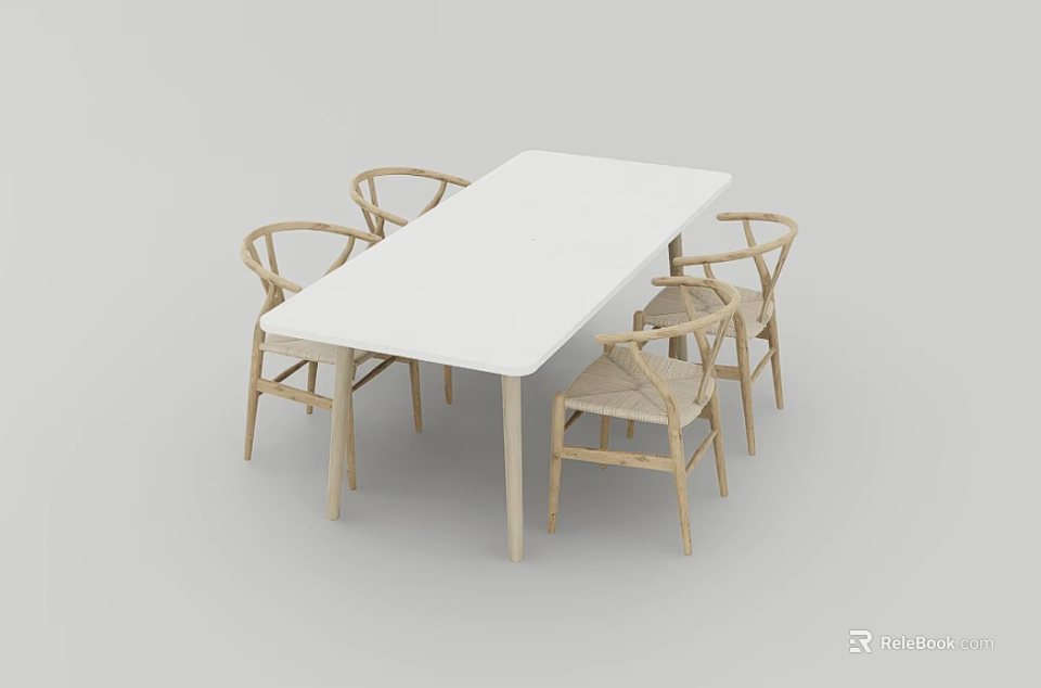 Modern Rectangular Dining Table Set With White Top And Light Wooden Chairs 3d model