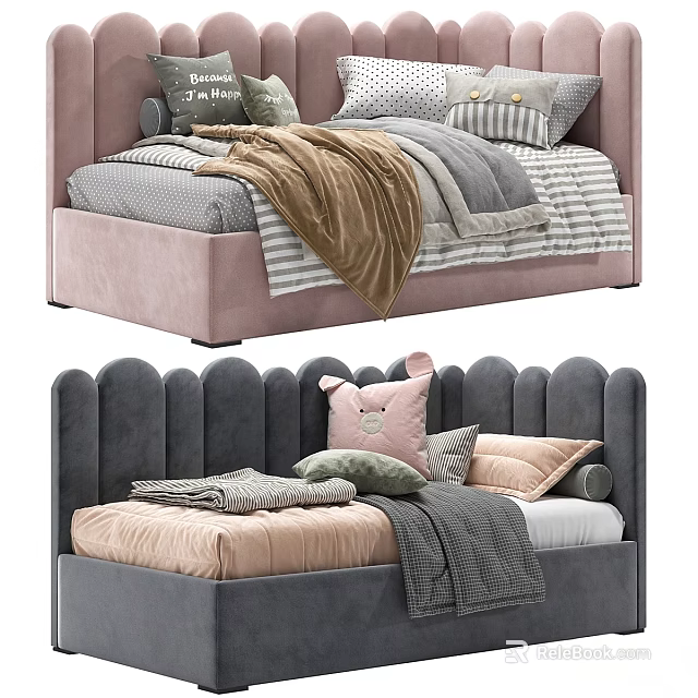 Cozy Kids Bed With Upholstered Pink Gray Headboard Striped Sheets And Soft Pillows 3d model 