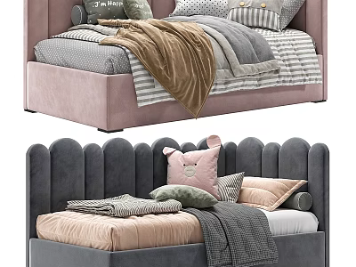 Cozy Kids Bed With Upholstered Pink Gray Headboard Striped Sheets And Soft Pillows 3d model