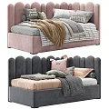 Cozy Kids Bed With Upholstered Pink Gray Headboard Striped Sheets And Soft Pillows