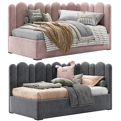 Cozy Kids Bed With Upholstered Pink Gray Headboard Striped Sheets And Soft Pillows 3d model