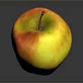 Red And Yellow Apple With Stem On Dark Reflective Surface