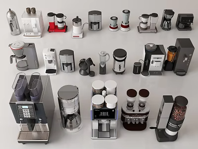 Various Types Of Modern Kitchen Appliances Displaying Coffee Makers Blenders And Electric Tools 3d model