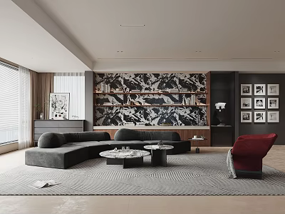 Modern Living Room Interior With Gray L shaped Sofa Red Accent Chair And Decorative Wall Art 3d model