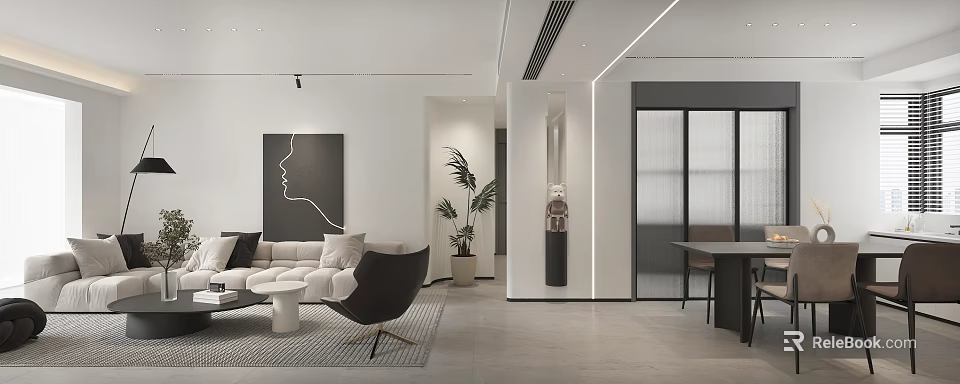 Modern Living Dining Room Interior With Sofa Armchair Coffee Table Dining Set And Decorative Plant 3d model 