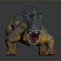 3D Fantasy Creature Character With Spiked Back Blue Yellow Scaly Skin And Open Mouth