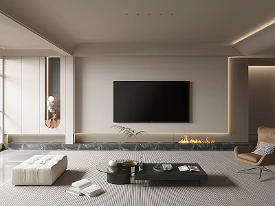 Modern Living Room Interior Design With TV Wall Fireplace White Sofa And Coffee Table 3d model