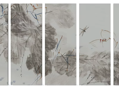 Traditional Chinese Ink Painting Screen Panels With Lotus Leaves And Dragonfly 3d model