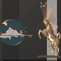 Elegant Wall Decor With Circular Blue Mountain Moon Bird Design And Golden Unicorn Sculpture