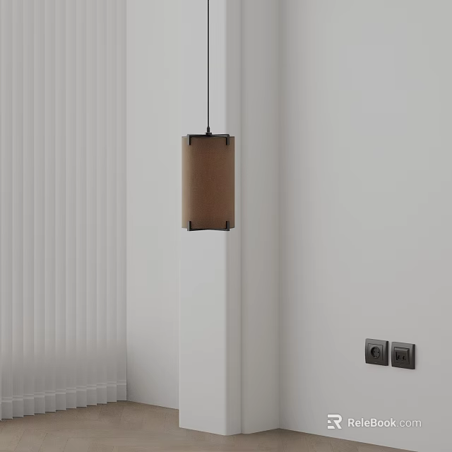 Modern Minimalist Cylindrical Pendant Light In Beige Linen Shade With White Wall And Window Blinds 3d model 