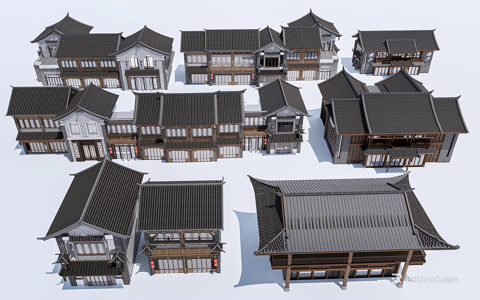 Traditional Chinese Ancient Architecture With Various Roof Styles And Wooden Structures 3d model 