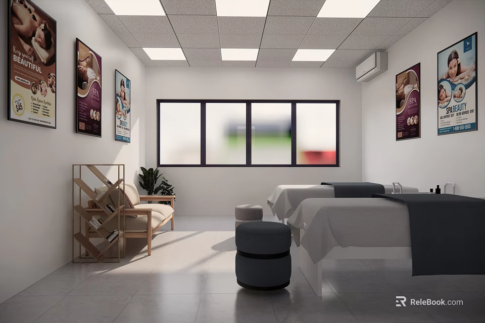 Relaxing SPA Sauna Room Interior With Massage Beds Decorative Posters Sofa And Plants 3d model 