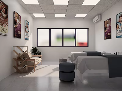 Relaxing SPA Sauna Room Interior With Massage Beds Decorative Posters Sofa And Plants 3d model