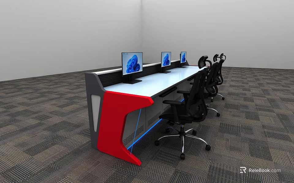 Modern Office Desk With Red Gray Design Computer Monitors Black Chairs And Checkerboard Carpet 3d model 