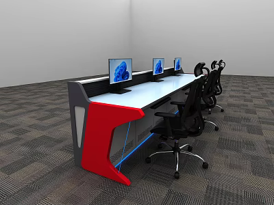 Modern Office Desk With Red Gray Design Computer Monitors Black Chairs And Checkerboard Carpet 3d model