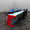 Modern Office Desk With Red Gray Design Computer Monitors Black Chairs And Checkerboard Carpet