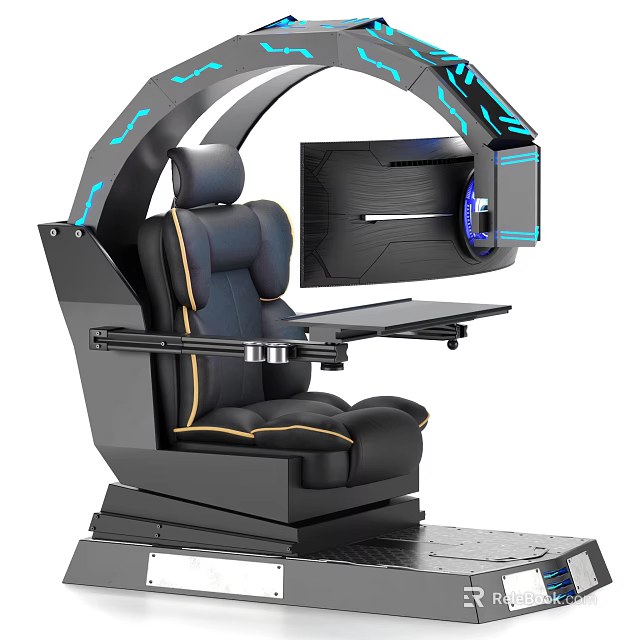 Ergonomic Gaming Chair with Integrated Monitor Blue LED Lights and Yellow Stitching 3d model 