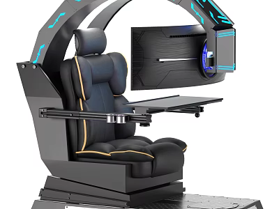 Ergonomic Gaming Chair with Integrated Monitor Blue LED Lights and Yellow Stitching 3d model