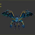 3D Blue Mythical Dragon Game Movie Character with Green Orange Wings and Decorative Armor