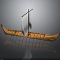 Ancient Wooden Watercraft with White Sail and Traditional Hull Design on Reflective Surface