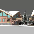 Rustic Wooden Cabins With Snow Covered Roofs And Surrounding Pine Trees