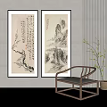 Traditional Chinese Paintings With Wooden Chair And Green Plant In Interior