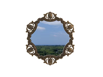 Ornate Round Mirror With Intricate Frame Reflecting Blue Sky White Clouds And Green Trees 3d model