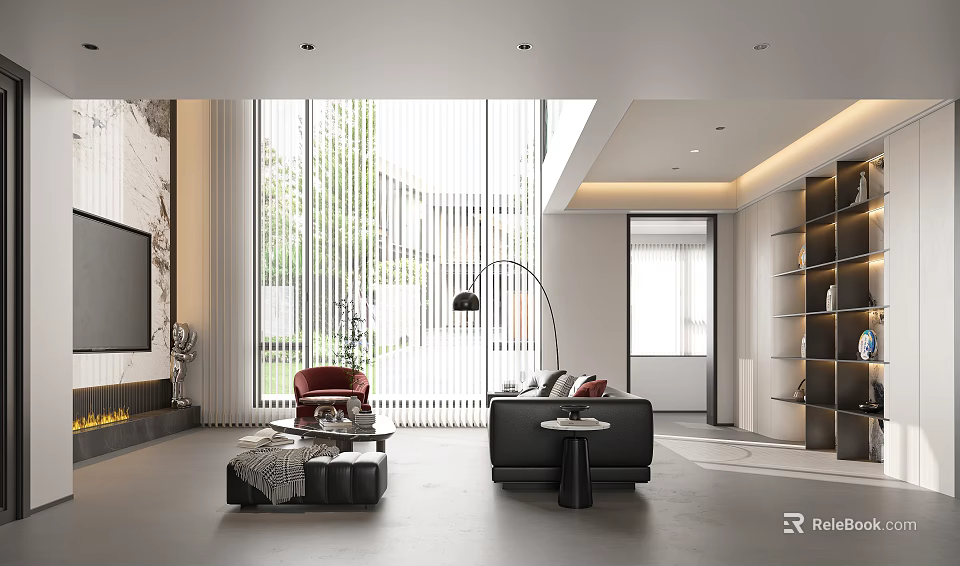 Modern Living Room Interior With Large Windows Red Chair Black Sofa And Floor Lamp 3d model 