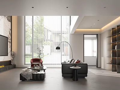 Modern Living Room Interior With Large Windows Red Chair Black Sofa And Floor Lamp 3d model