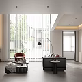 Modern Living Room Interior With Large Windows Red Chair Black Sofa And Floor Lamp