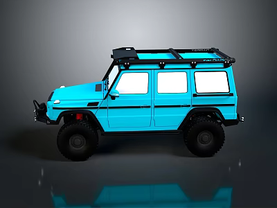Blue Modified Off Road SUV Featuring Roof Rack And Large Tires 3d model