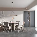 Modern Restaurant Dining Area With Round Table Chairs Hanging Pendant Light Decorative Painting And Bookshelf