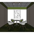 Modern Lounge Area Design With White Round Table Green Cushions And Notes On Wall 3d model