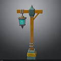 Vintage Wooden Street Lamp Structure With Green Accents Blue Lantern And Yellow Base