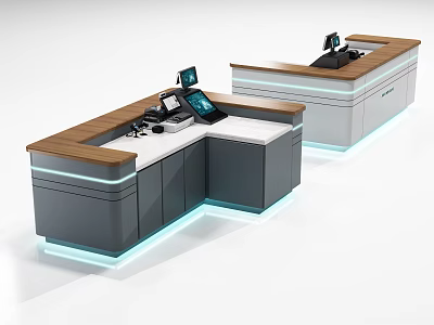 Sleek Modern Cashier Counter With Wooden Top LED Strip Lighting And Cash Register Equipment 3d model